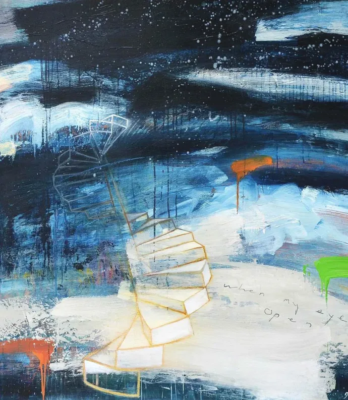 Abstract Blue Painting with Staircase