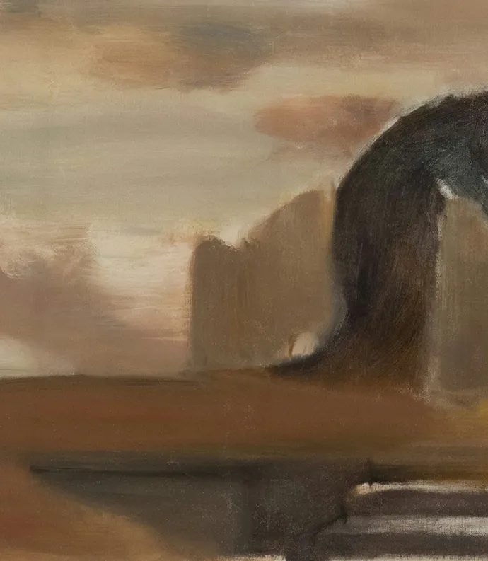 Brown painting of figure bending over