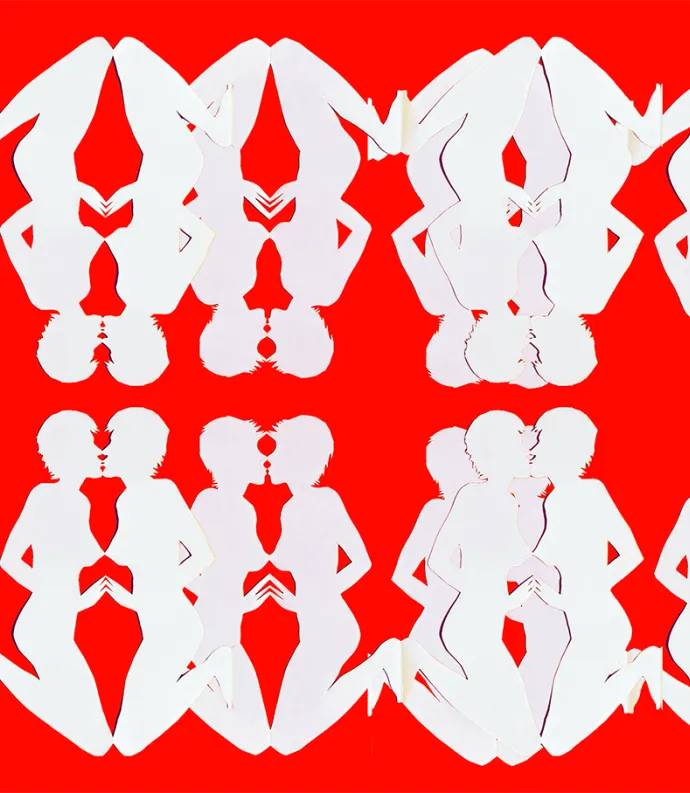 white paper dolls on a red background