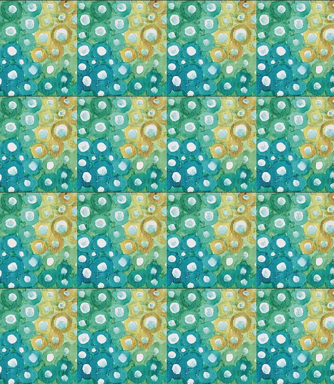 abstract painting of green, yellow, blue, and white circles
