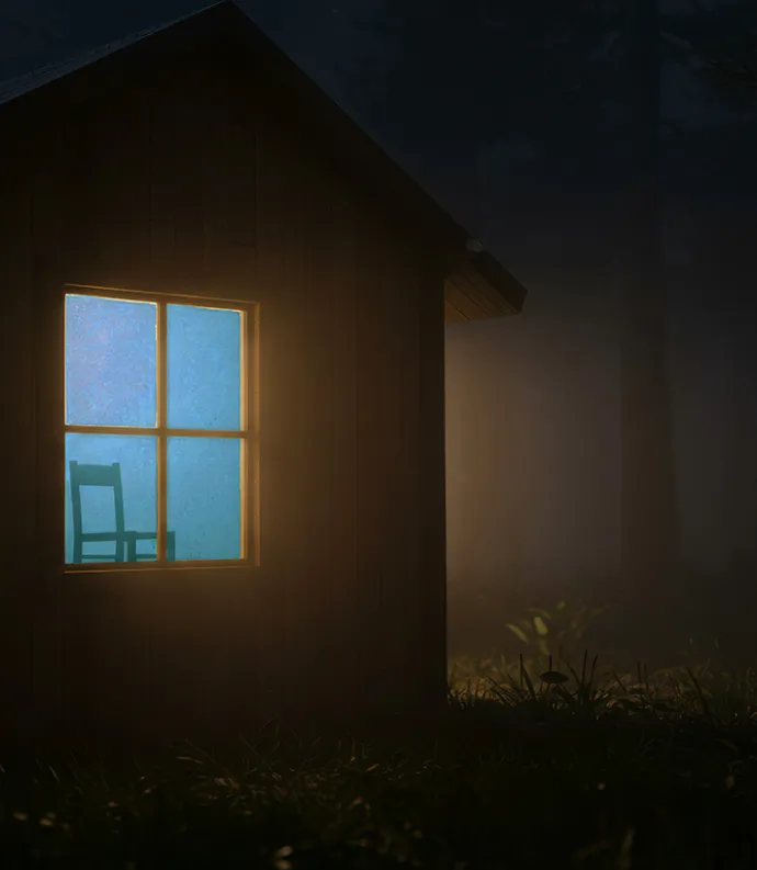 Lighted window at night with misty yard 