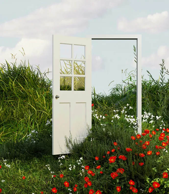 Open Door in the middle of flowers and grasses