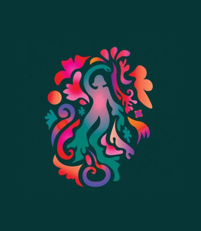 Rainbow figure on green background