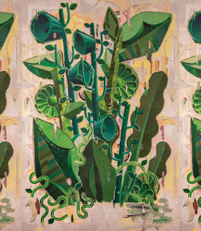 Zoomed in image of cover of "This one we call ours." Abstract of plants growing.