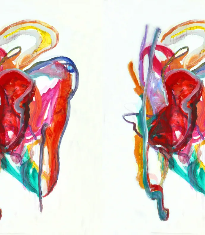 Abstract painting, red, yellow, and blue