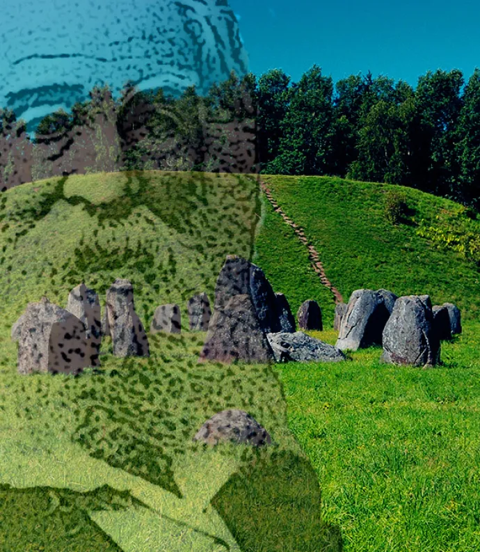 Whitman looms over a burial mound