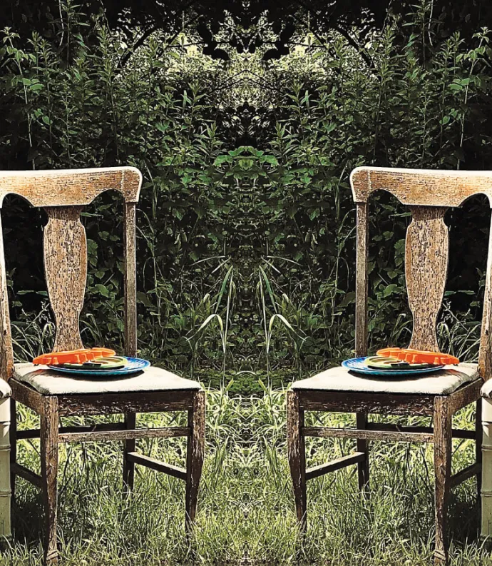 four wooden chairs outside in grass