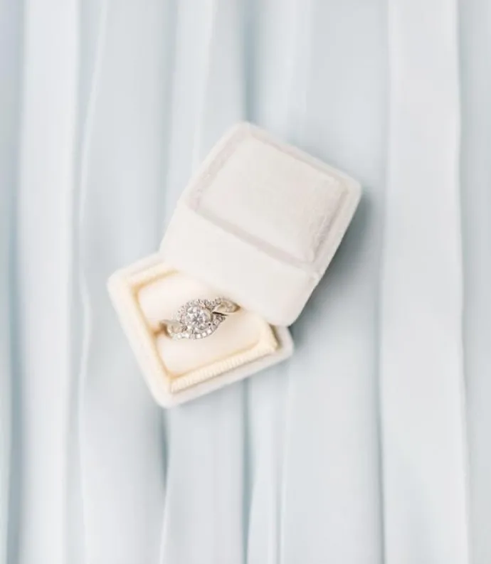 Image of an engagement ring in a white box against a white background