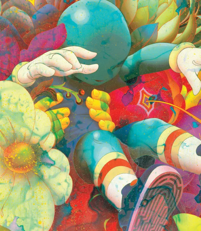 Colorful animated figure being pulled into flowers