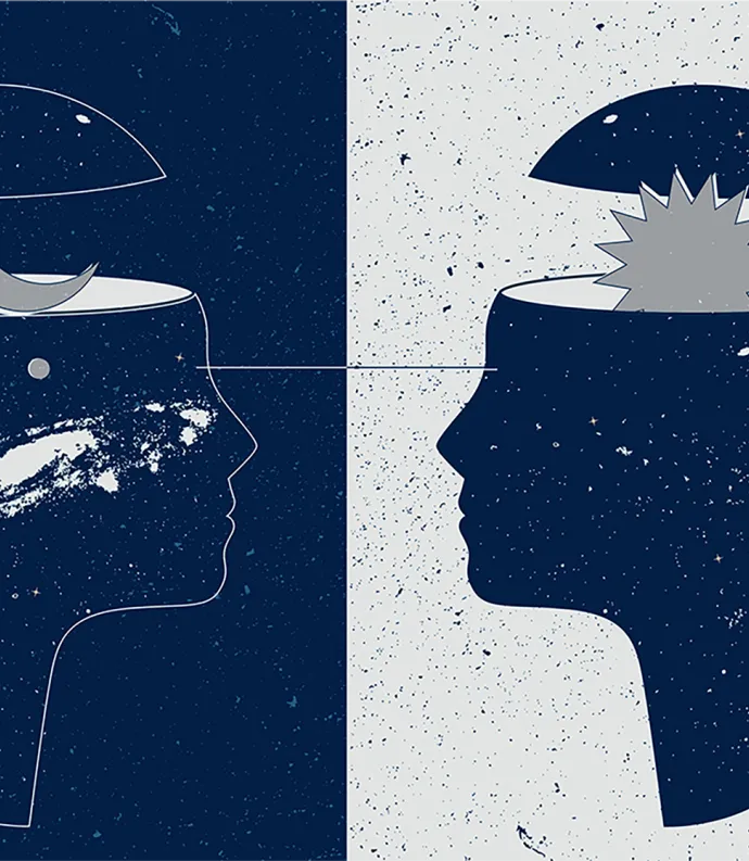 Illustration of two heads facing one another with moon and sun coming from each head