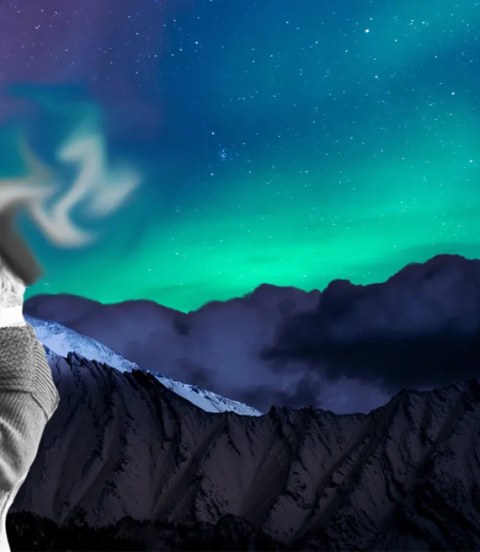whitman with head morphing into an aurora