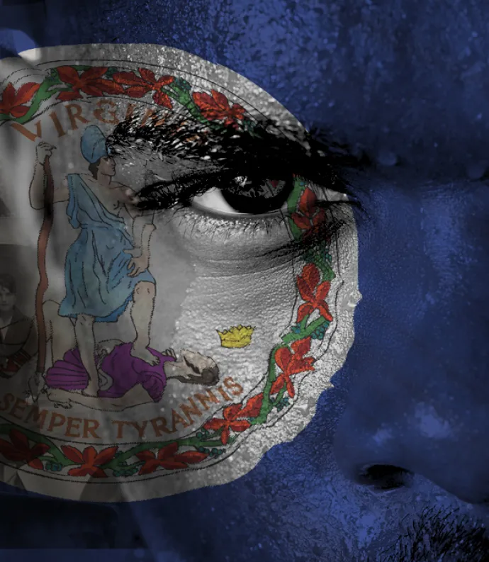 A blue face with a sticker that has latin for "thus always to tyrants"