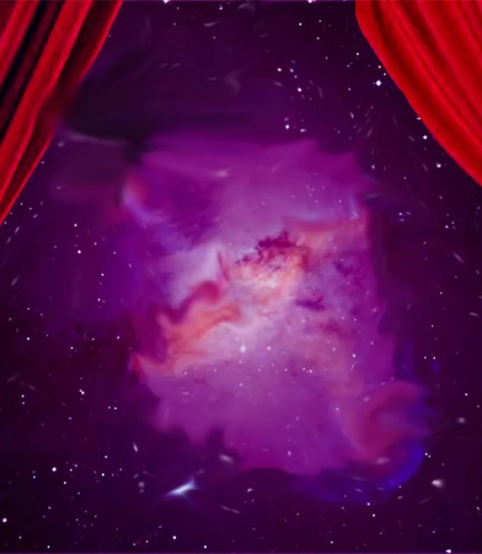 Curtains being pulled back to reveal a celestial body with Whitman's face