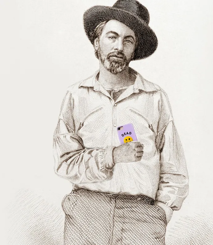 Whitman with a cellphone reading "dead"