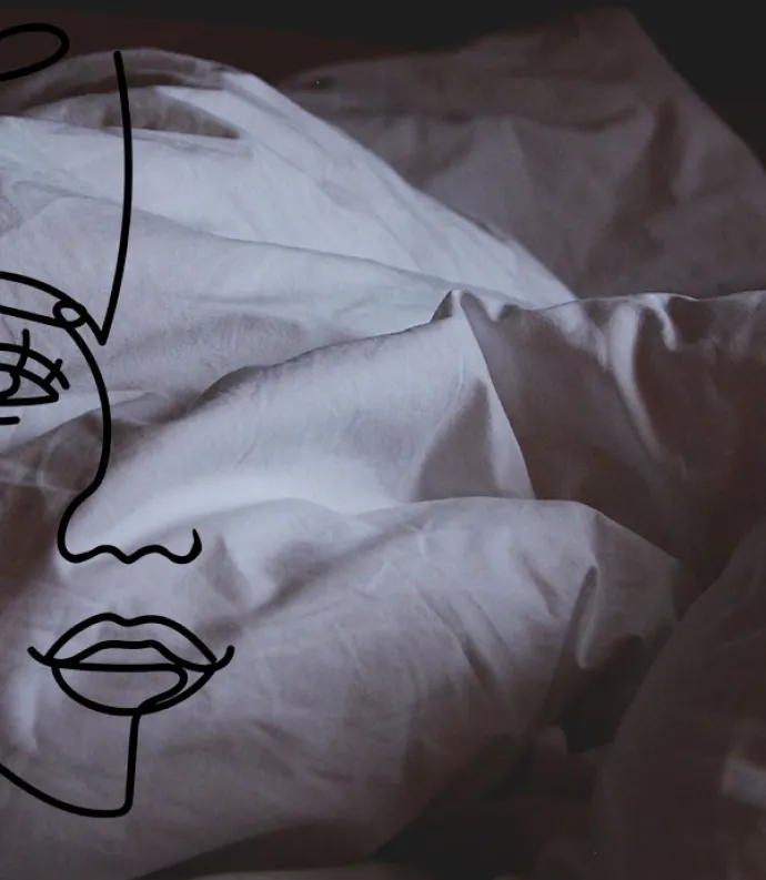 Line drawing of a face over rumpled bedding