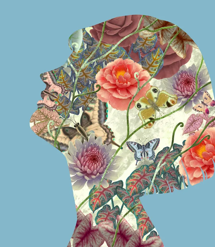 outline of woman's head filled with collage of flowers
