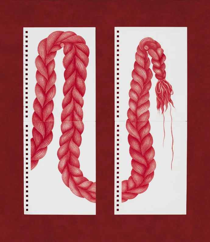 red braids drawn on white paper with red background