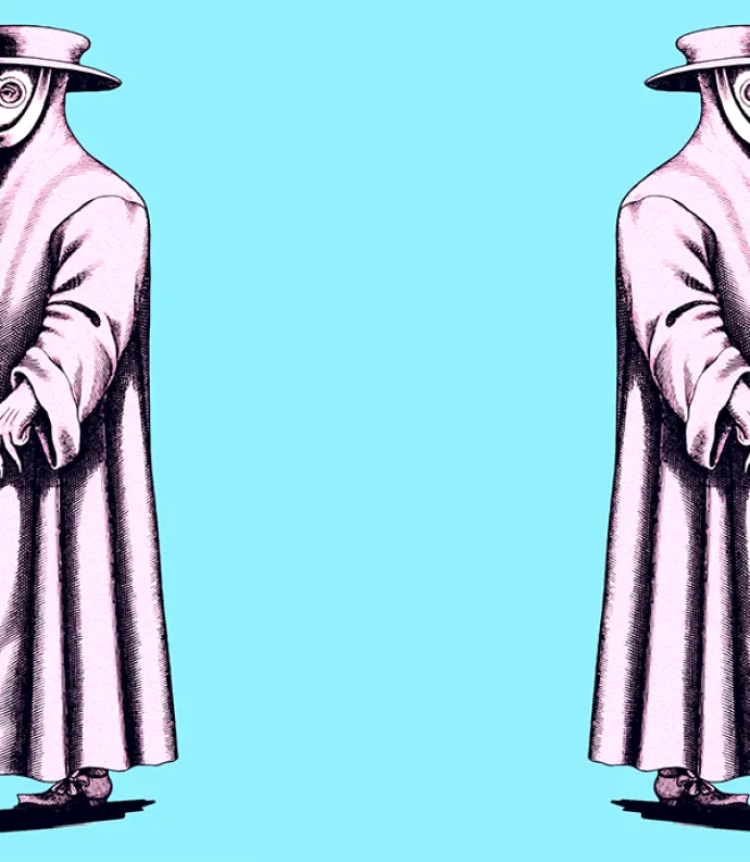 Two images of doctors in plague beaks