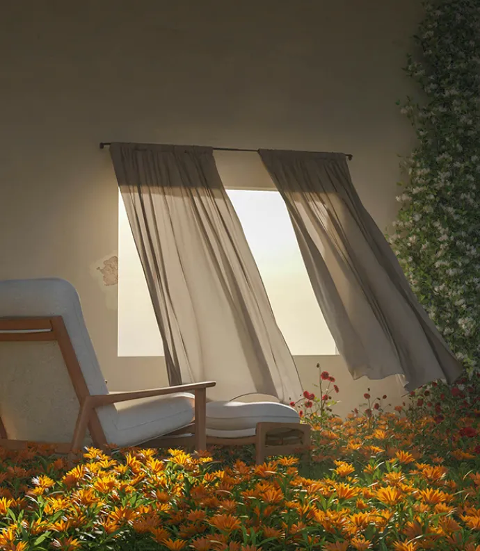 sunny window with curtains in a room full of flowers